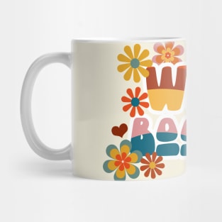 "Woke Boomer" in 70s font with flower power and peace signs - groovy! Mug